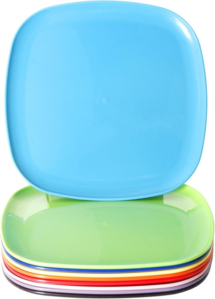 Youngever 9 Pack 8 Inch Plastic Plates, Large Square Plates, Dinner Plates, Set of 9 (9 Rainbow Colors)