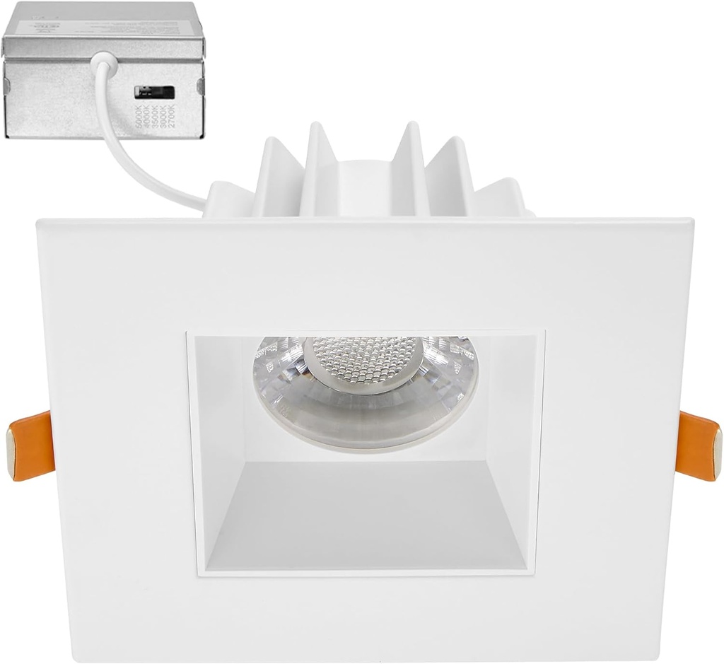 Maxxima 4 in. Ultra-Thin Recessed Anti-Glare LED Downlight, Canless IC Rated, 5 Color Temperature Selectable 2700K/3000K/3500K/4000K/5000K, Dimmable Square White Trim, 90 CRI