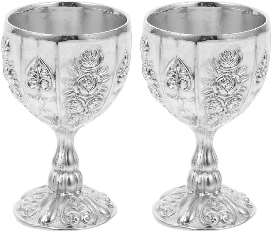BESPORTBLE Metal Chalice Goblet Retro Pattern Wine Cups Goblet European High-End Wine Cups 2Pcs (Silver) Vintage Chalice