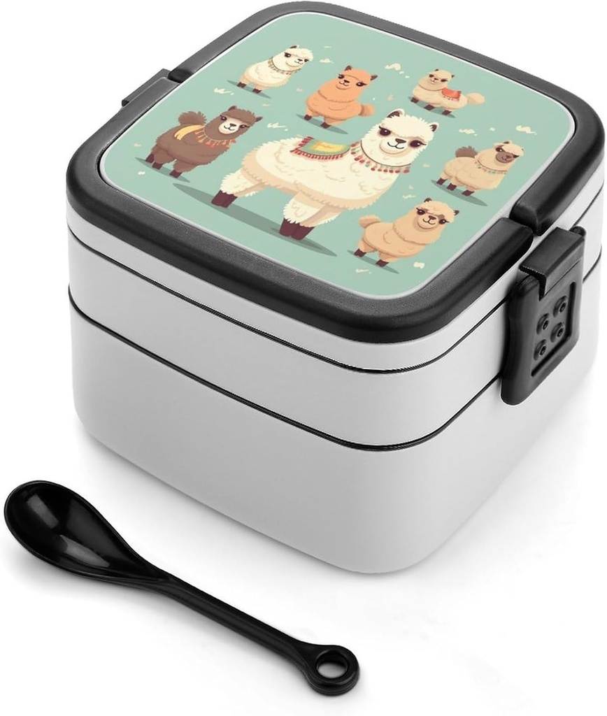 Personalize Double Layer Bento Box Alpacas Lunch Box - Durable, Leak-Proof with Spoon Adult Premium Bento Case for Work Travel Camping