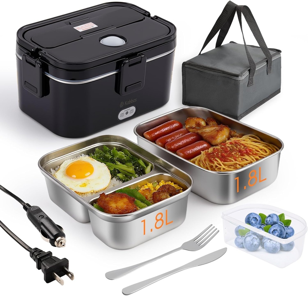Kabbas 1.8L Portable Electric Lunch Box for Adults, 100W Heated Lunch Box for Men with Removable Dual Container, Fast Heating Food Warmer, 12V/24V/110V for Car Truck Office lonchera eléctrica portátil