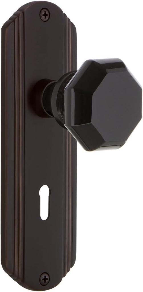Nostalgic Warehouse 725421 Deco Plate Waldorf Black Door Knob in Timeless Bronze, Privacy 2.75 with Keyhole