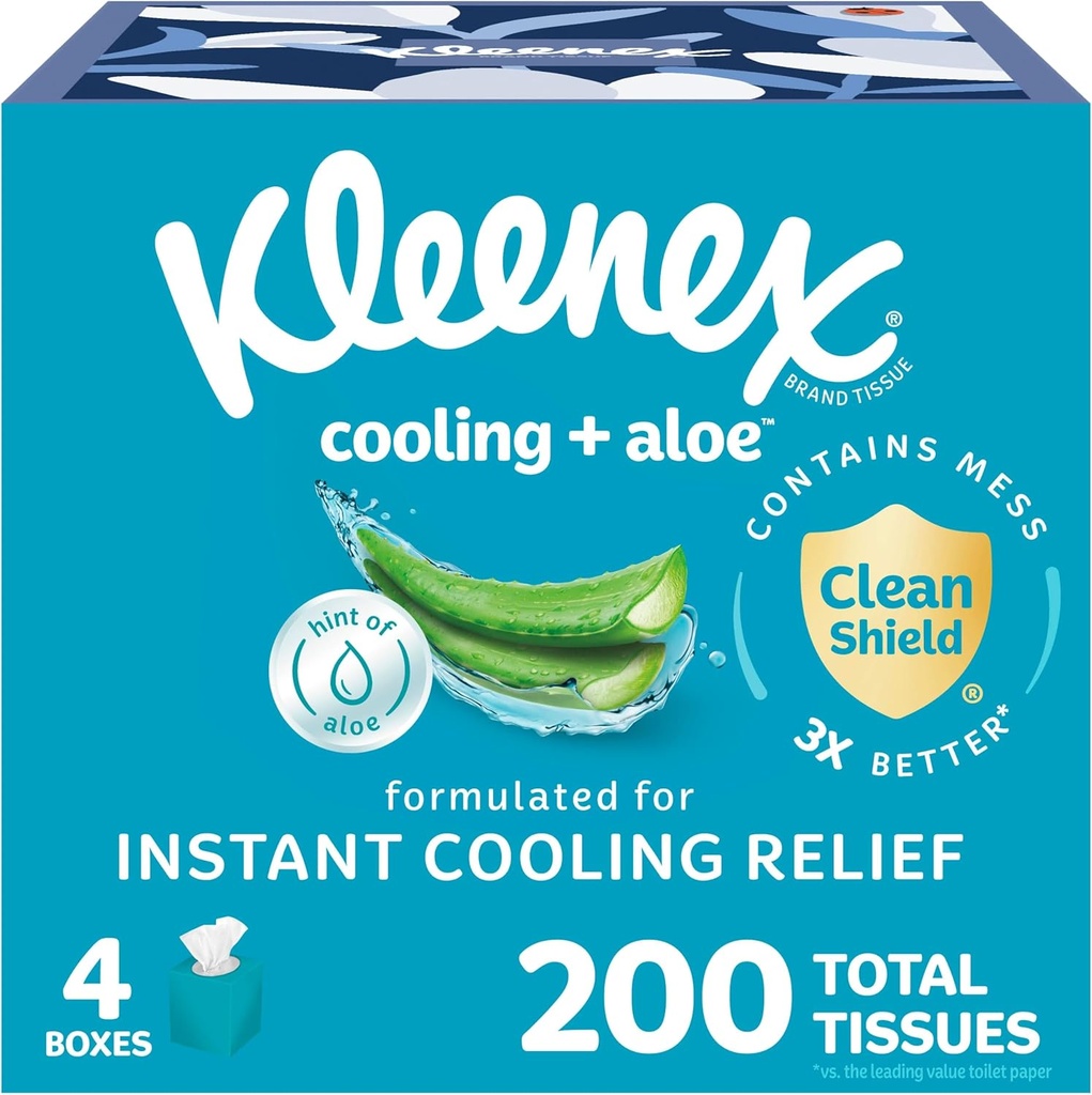 Kleenex Cooling + Aloe Facial Tissues, 4 Cube Boxes, 50 Tissues Per Box, 2-Ply