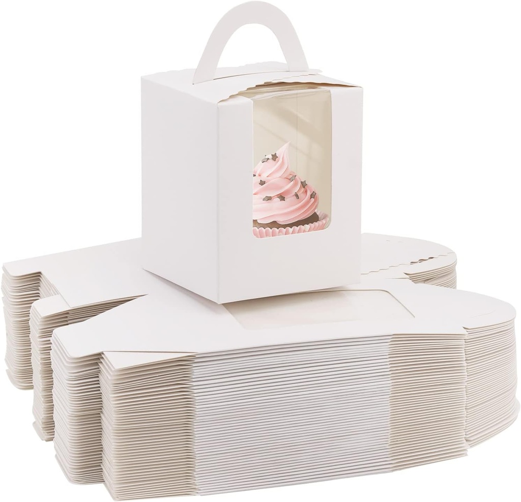 acDesign 100Pcs Cupcake Boxes With Window 3.6in*3.6in*4.3in Cupcake Carrier Individual With Handle and Inserts for Wedding Bakery Wrapping Party Favor Packing(White)