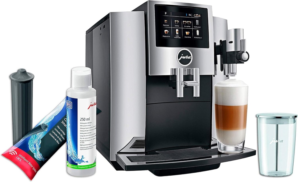 Jura S8 Automatic Coffee Machine Moonlight Silver Set with Smart Water Filter, Milk System Cleaner and Milk Container