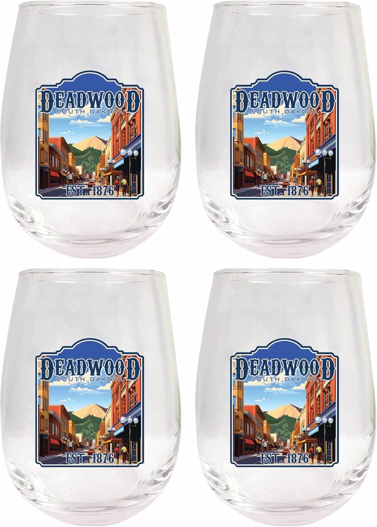 R and R Imports Deadwood South Dakota Wild West Design Souvenir 15 oz Stemless Wine Glass 4-Pack