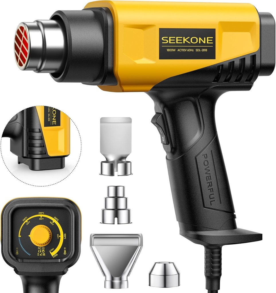 SEEKONE 1800W Heat Gun Compact Design Heavy Duty Hot Air Gun 122℉-1202℉（50℃- 650℃）Variable Temperature Control for 2 Speed Settings with 4 Nozzels for Crafts, Vinyl Wrap, Shrink Tubing
