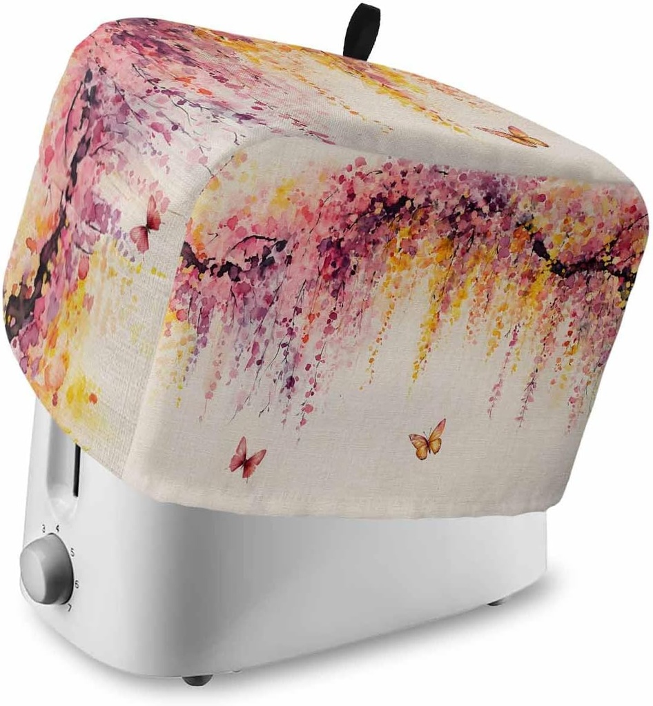 Summer Flowers Toaster Cover 2 Slice, Watercolor Butterfly Florals Trees Dustproof Bread Machine Oven Cover with Storage Pockets, Fits Most Kitchen Toasters Protector