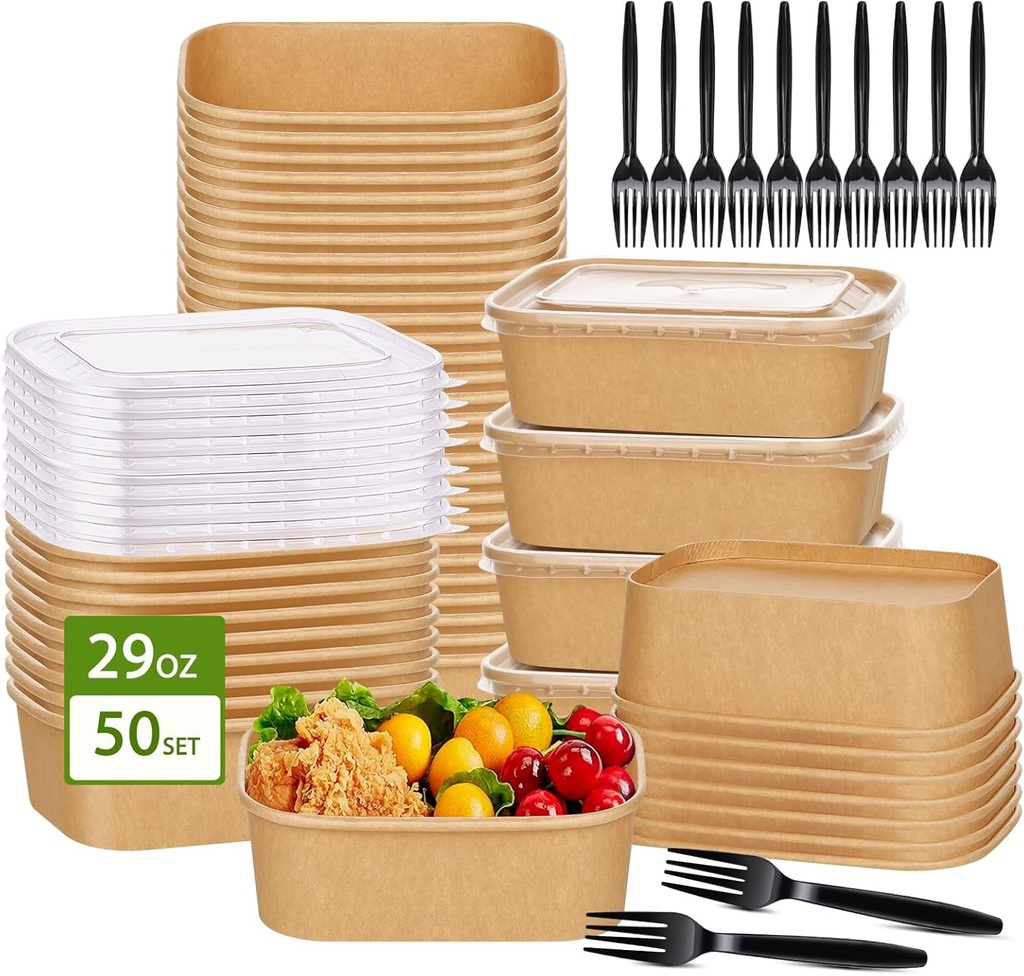 DI QIU REN 50-Pack 29oz Disposable Kraft Paper Bowls【with Lids and Forks】, Meal Prep Containers Disposable Food Prep Containers Thanksgiving To Go Take Out Container, Microwave Safe for Hot/Cold Food