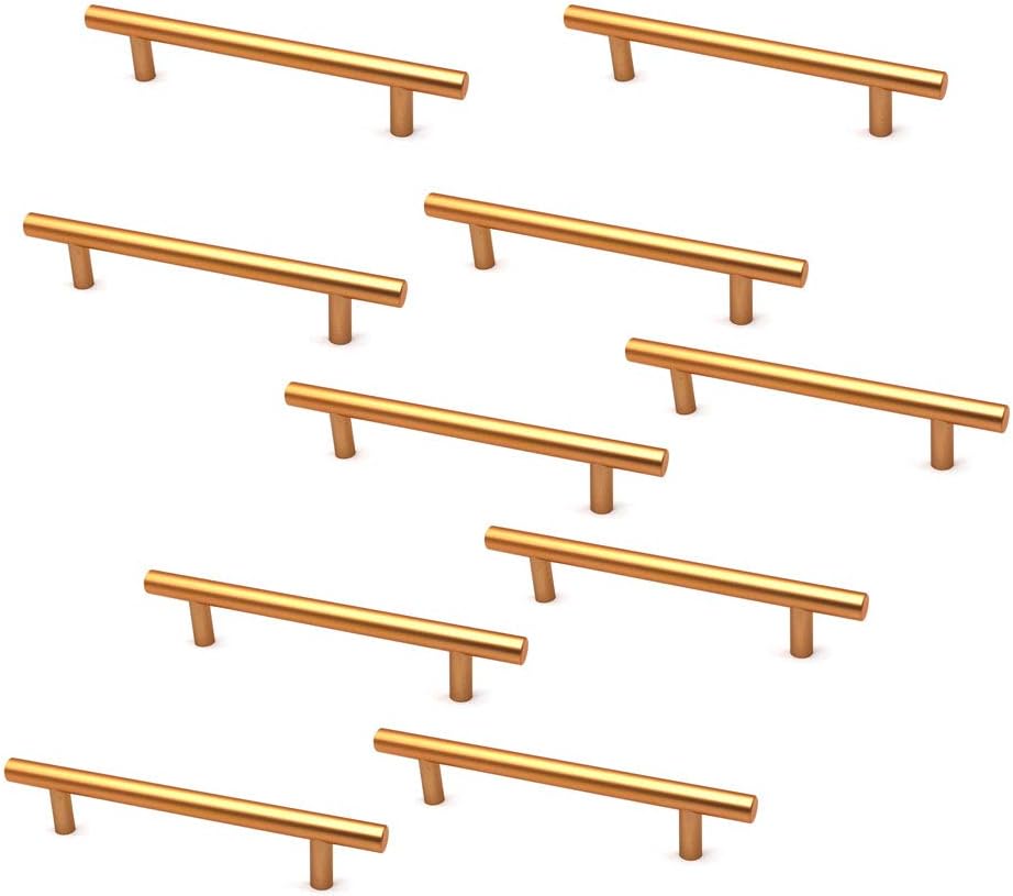 Set of 10 NUZAMAS Cabinet Door T-Handles and Pulls, Furniture Drawer Handles, Zinc Alloy, 177mm Long, Kitchen Cabinet Wardrobe Knobs Bars, Center to Center 128mm Gold Color