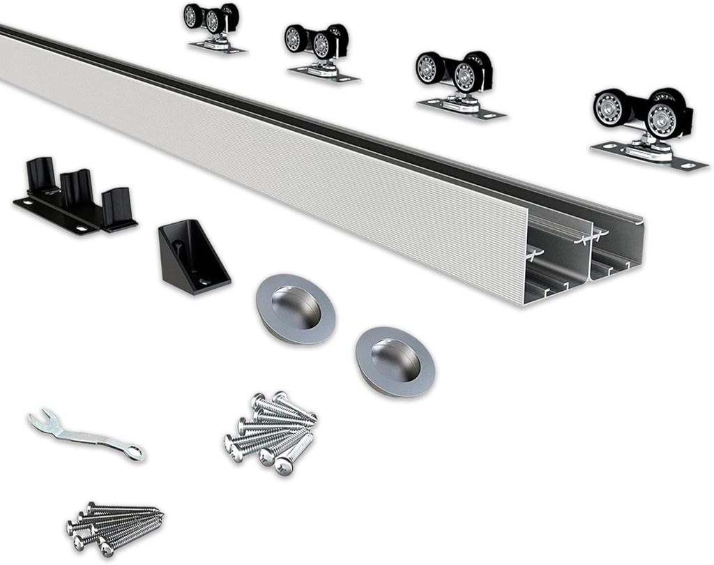 JUBEST Bypass Door Hardware 60", Aluminum Sliding Closet Door Hardware Set with Finger Pull Included, Smoothly and Quietly, for 2 Door System, Fit Door Thickness 1 3/8" or 1 3/4", Easy to Install