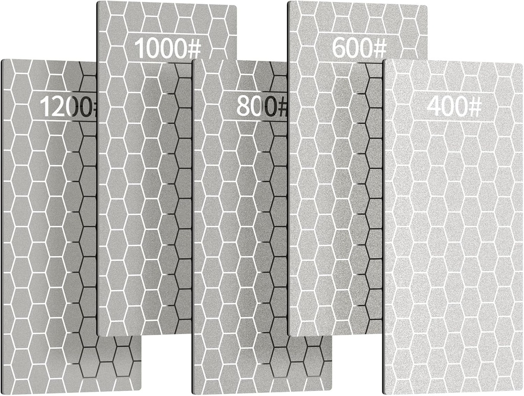 5PCS Diamond Sharpening Stones, Kalolary Knife Sharpener Stone Grit Diamond Sharpener Plate Honing Stone with Non-slip Base for Chisels Camp Kitchen Outdoor Knife Tools (400/600/800/1000/1200 Grit)