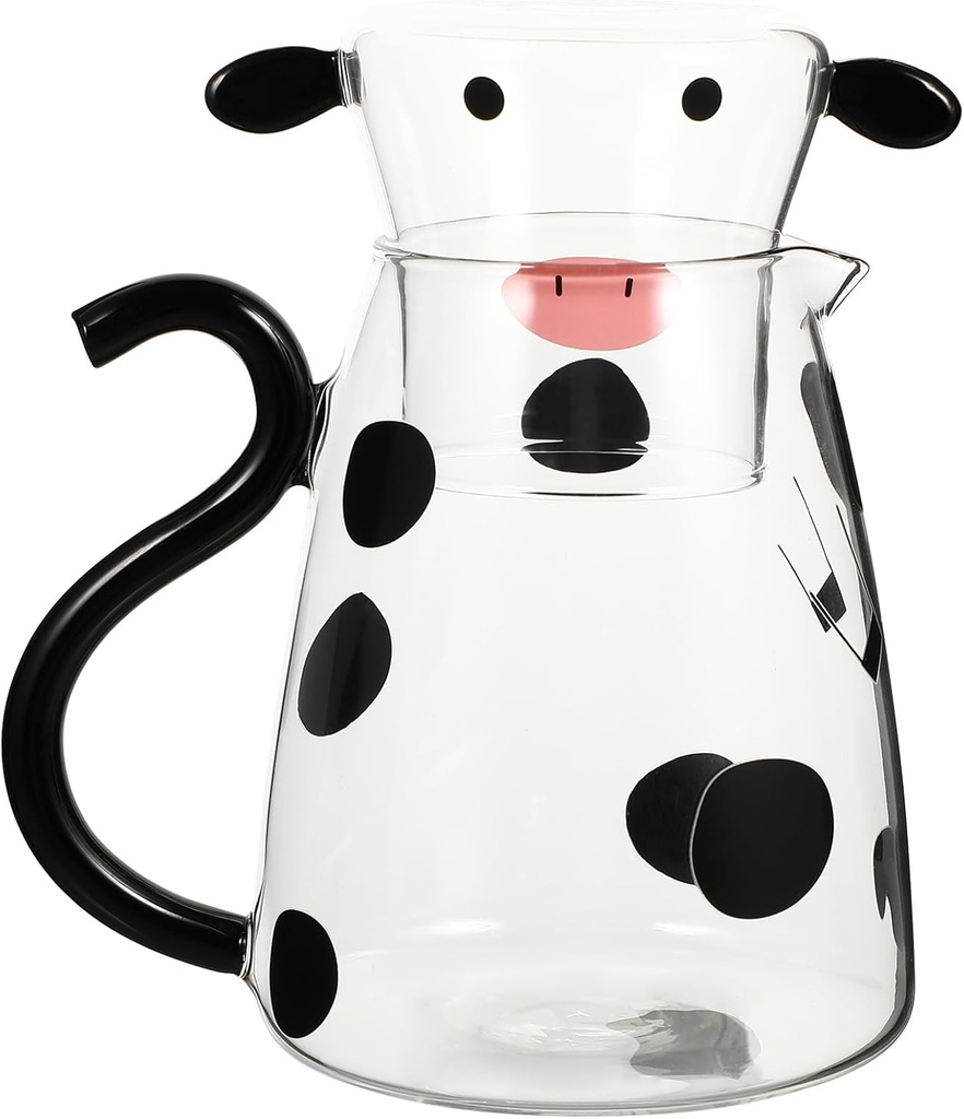 Angoily Cartoon Cow Clear Glass Bedside Night Water Set with Tumbler Cute Cow Glass Water Pitcher with Lid and Cup Ice Tea Lemonade Juice (500ml)