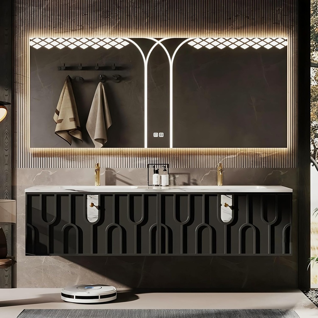 Double Sink Bathroom Vanity 56Inch, Modern Floating Vanities Set with Smart Defogging Mirror, Oak Wood Bathroom Sink Cabinet with Large Storage Space, Slate Countertop and Gold Faucet (Black)