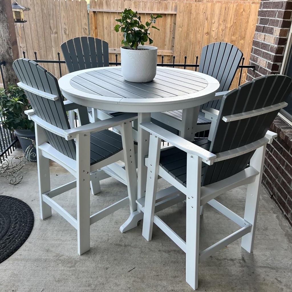 JUSTONE 5 Pcs Outdoor Patio Bar Stools Set, 4 Bar Stools and Table with Umbrella Hole, All-Weather Patio Bistro Set,Outdoor Bistro Set for Lawn Garden, Balcony,HDPE Material (5-Pcs, Grey and White)