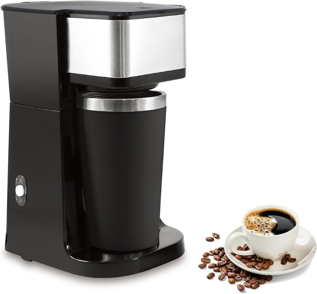 Automatic Coffee Machine, Single Cup Coffee Maker with 420ml Stainless Steel Insulated Travel Mug and Removable Filter, Suitable for Making Coffee and Milk Tea In Home Office