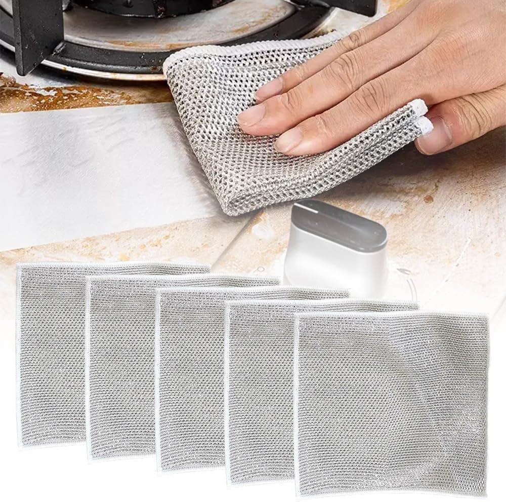 Multipurpose Wire Dishwashing Rags for Wet and Dry, 2026 Upgrade Non Scratch Metal Wire Dishcloth, Reusable Premium Metal Scrubbing Pads Sponge Clean for Home Kitchen Stove Tops (5Pcs)