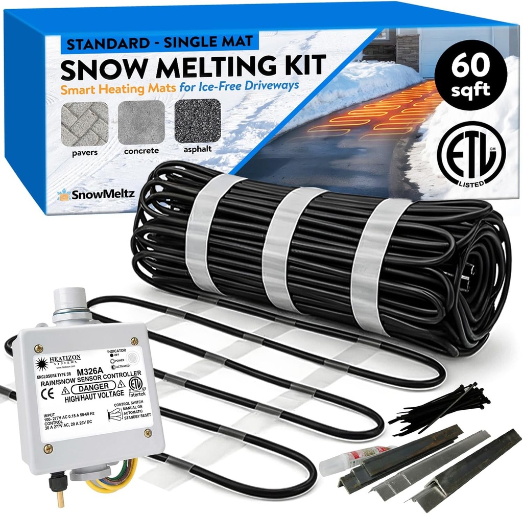 Heated Driveway System 60 Sqft - 240V, 37 Watts per Sqft Heated Snow Melting Mats Outdoor Driveway Heater for Snow Melting Mats Walkway, Ice Melt Mat for Steps, Auto Moisture & Temperature Activator