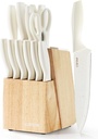 CAROTE 15Piece Knife Set, Kitchen Knife Block Set, Elegant White Ceramic-Coated Blades with Stylish Wooden Block for Modern Culinary Excellence