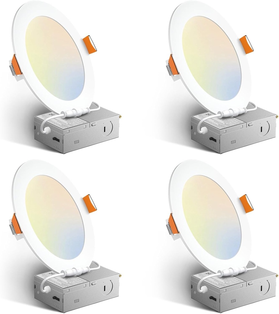 Amico 4 Pack 6 Inch 5CCT Ultra-Thin LED Recessed Ceiling Light with Junction Box, 2700K/3000K/3500K/4000K/5000K Selectable, 12W Eqv 110W 1050LM Brightness Dimmable Canless Wafer Downlight, ETL & FCC