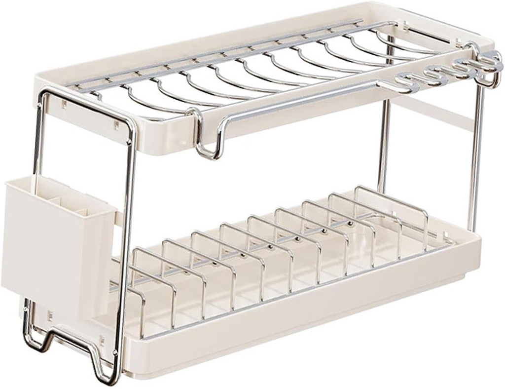 2 Tier Countertop Dish Draining Rack Organizer with Drip Tray, Stainless Steel Dish Drying Rack with Drainboard for Plates Cups Utensils- 43x16.5x31cm