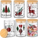 Shellwei 6 Pcs Christmas Glass Storage Jar with Airtight Bamboo Lid Buffalo Plaid Canister Sets Christmas Tree Sled Cookie Jars Candy Storage 19oz for Kitchen Containers Countertop Decoration