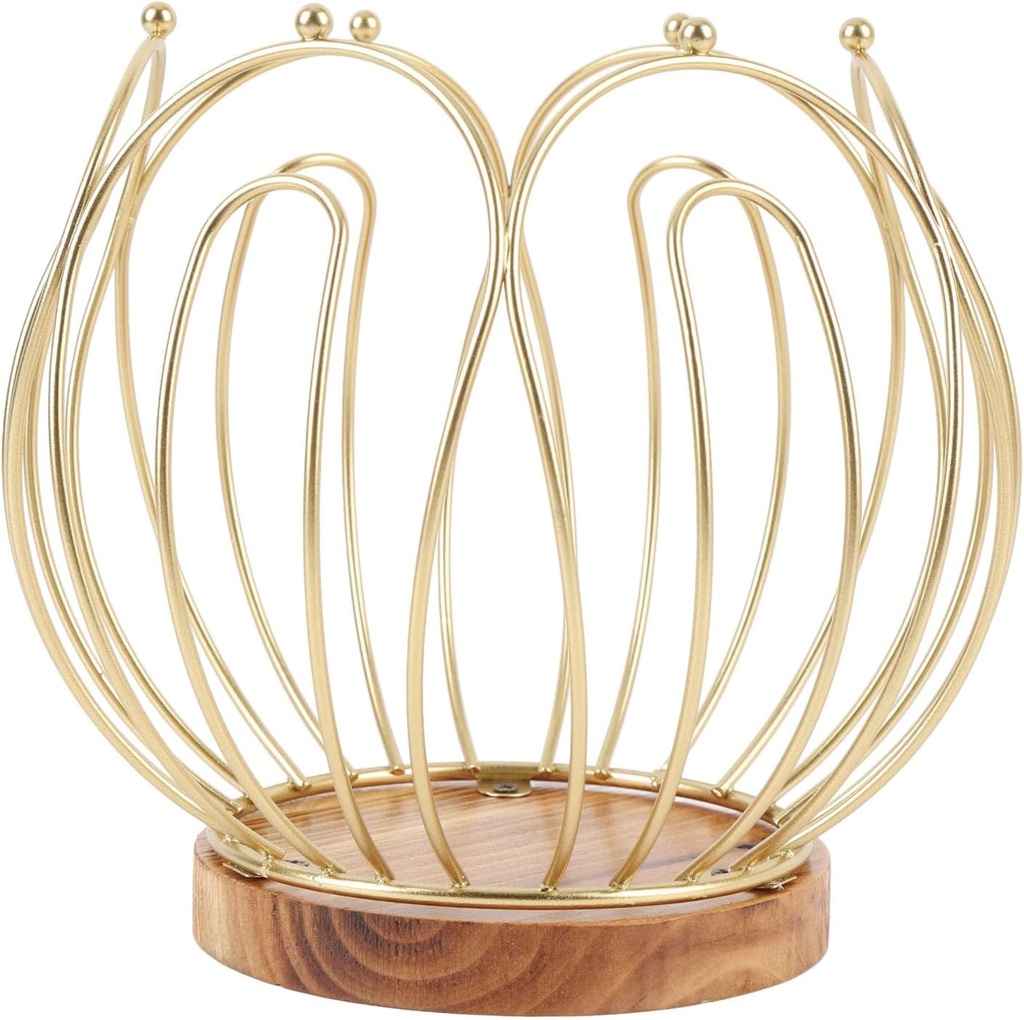 Stylish Coffee Pod Storage Basket Holder with Wooden Base, Metal Wire Capsule Organizer, Gold Coloured Wire and Wood Base Design, Ensures Neat and Tidy Countertops for Home