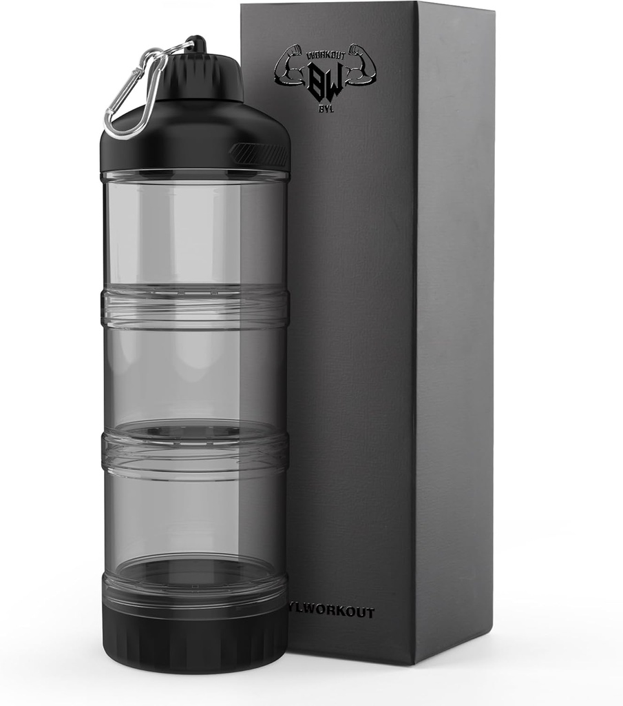 BYLWORKOUT 3 Layers Protein Travel Container with Funnel and Keychain | Cute Protein and Kitchen Storage Containers | Clear Plastic Kitchen Grade Box Organisers for Workout and Travel (Black)