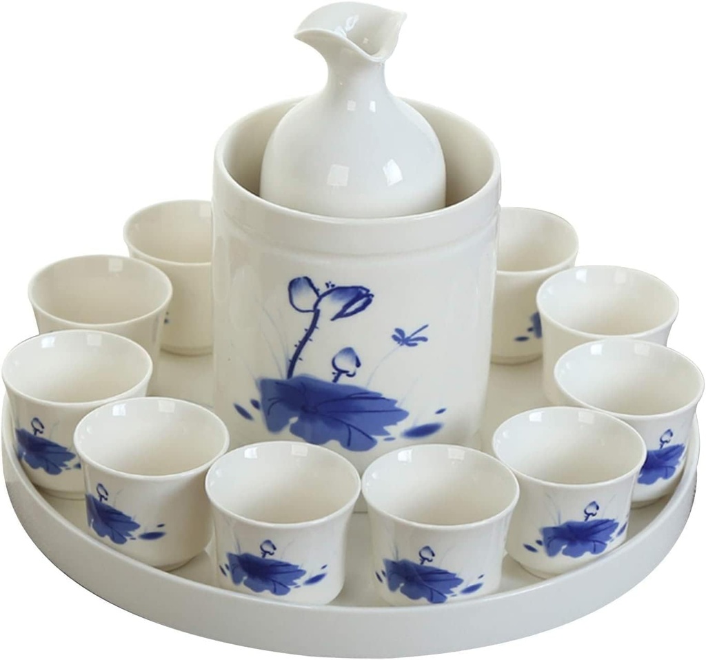 Japanese Sake Cup Set with Ceramic Tray Sake Set 11-Piece with 1 Warmer Ceramic and 1 Sake Pot, 8 Sake Cup, 1 Tray,Annunciation