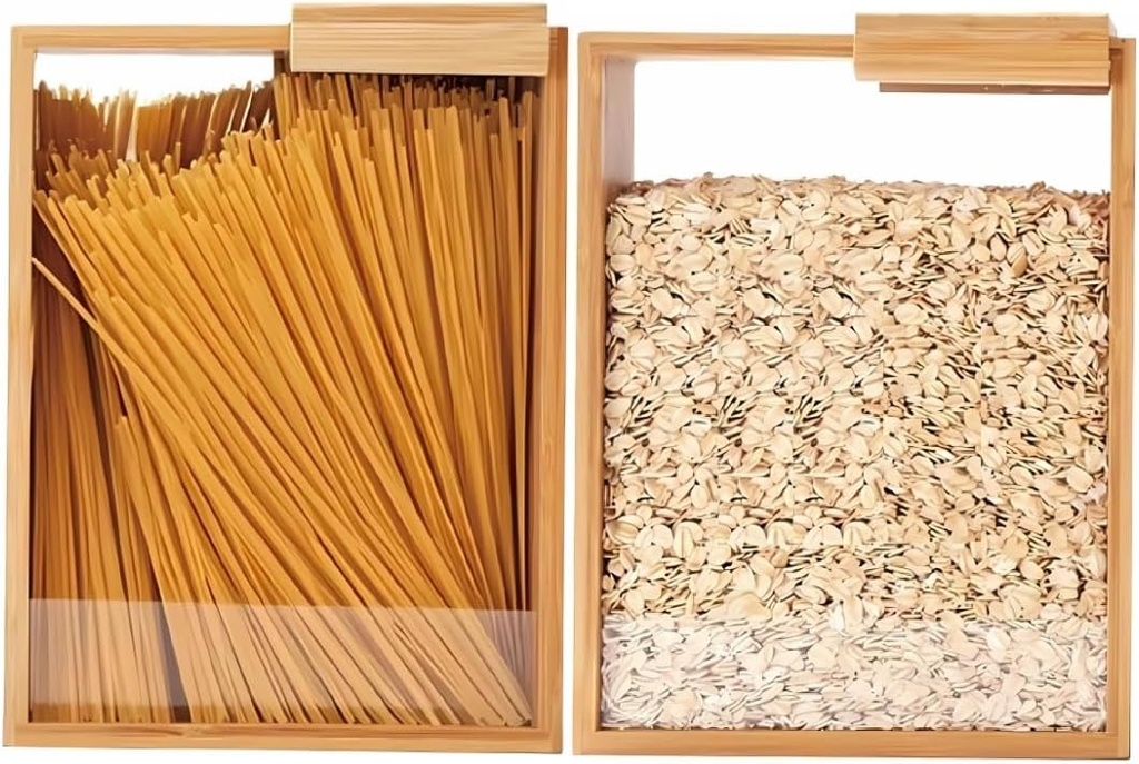 2 Pack Bamboo Food Storage Container Dispenser 3L Kitchen Organizers and Large Capacity Pantry Organization Storage For Cereal, Rice, Snacks
