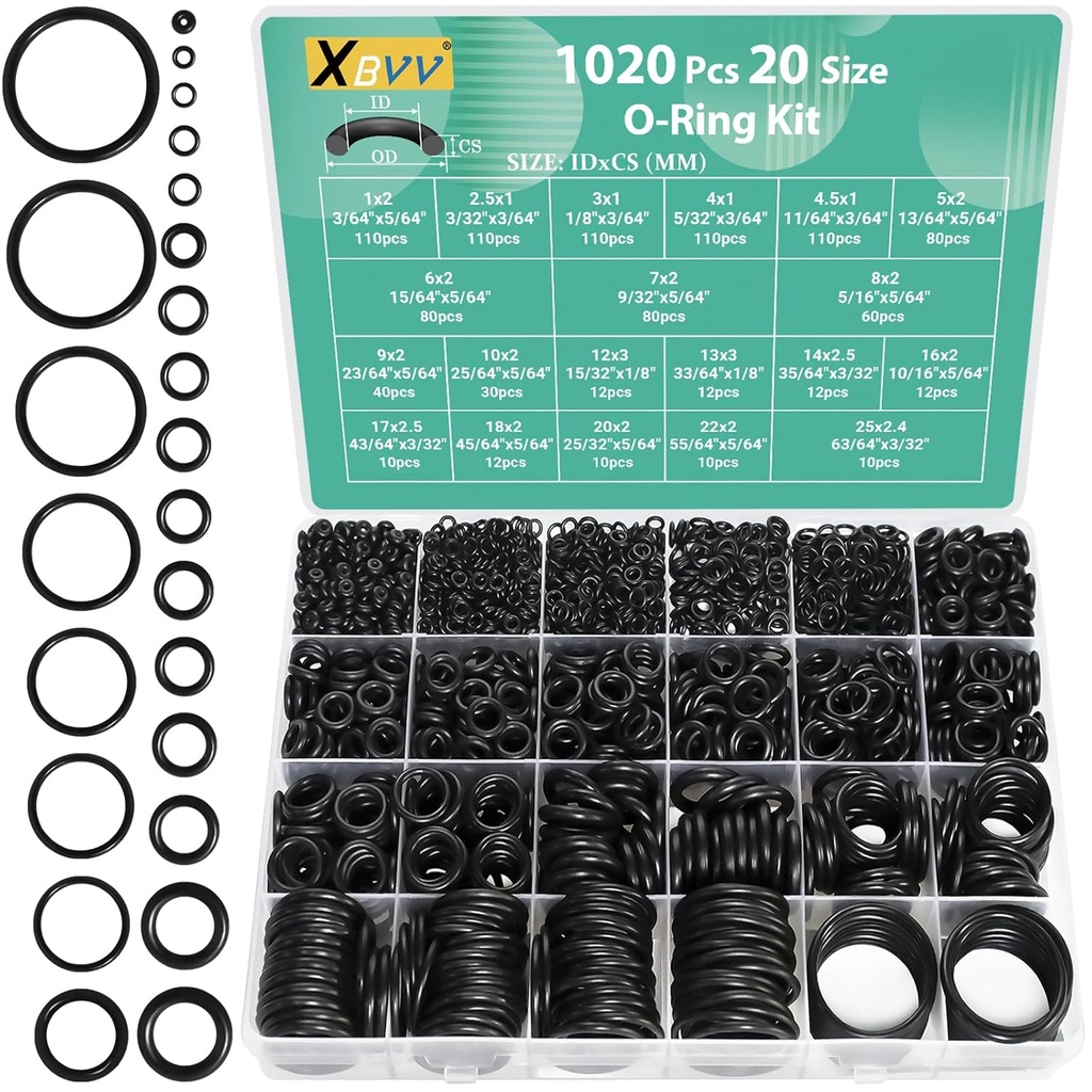 1020 Pcs O Ring Kit 20 Size Nitrile Rubber O Ring Assortment Set for Car Auto Vehicle Repair Faucet Plumbing Air or Gas Sealing Connections Resist Oil and Heat