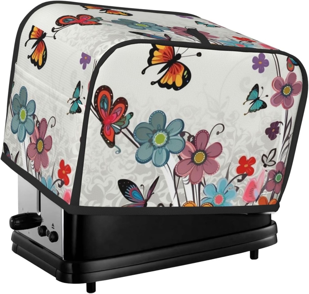 Cartoon Butterfly Flowers 2 Slice Toaster Covers Bread Machine Cover Quilted Dustproof Fingerprint Protectors Small Washable Appliance Cover Bread Maker Dust Protection Universal Size