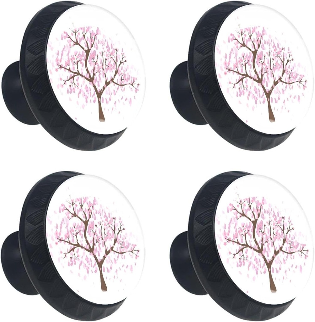 4 Pcs Flower Pink Cherry Blossom Japanese Style Glass Drawer Knobs Black Dresser Knobs Drawer Pulls Door Knobs Handles for Kitchen Wardrobe Cupboard Hardware Furniture