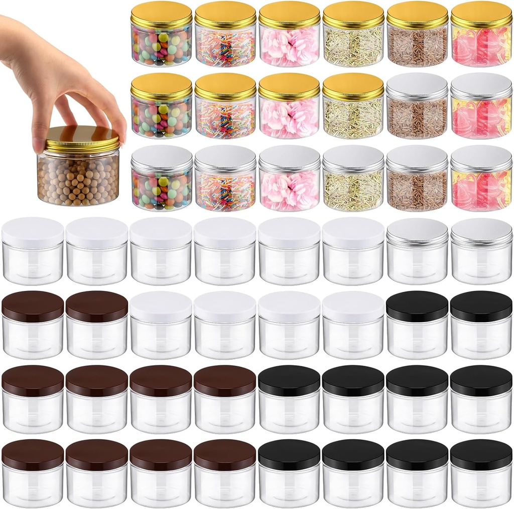 Mifoci 50 Pcs 10 oz Clear Plastic Jars Containers with Screw on Lids Airtight Wide Mouth Food Storage Jar Cylinder Round Jars for Kitchen Dry Food Butter Honey Cosmetics Cream, 5 Colors