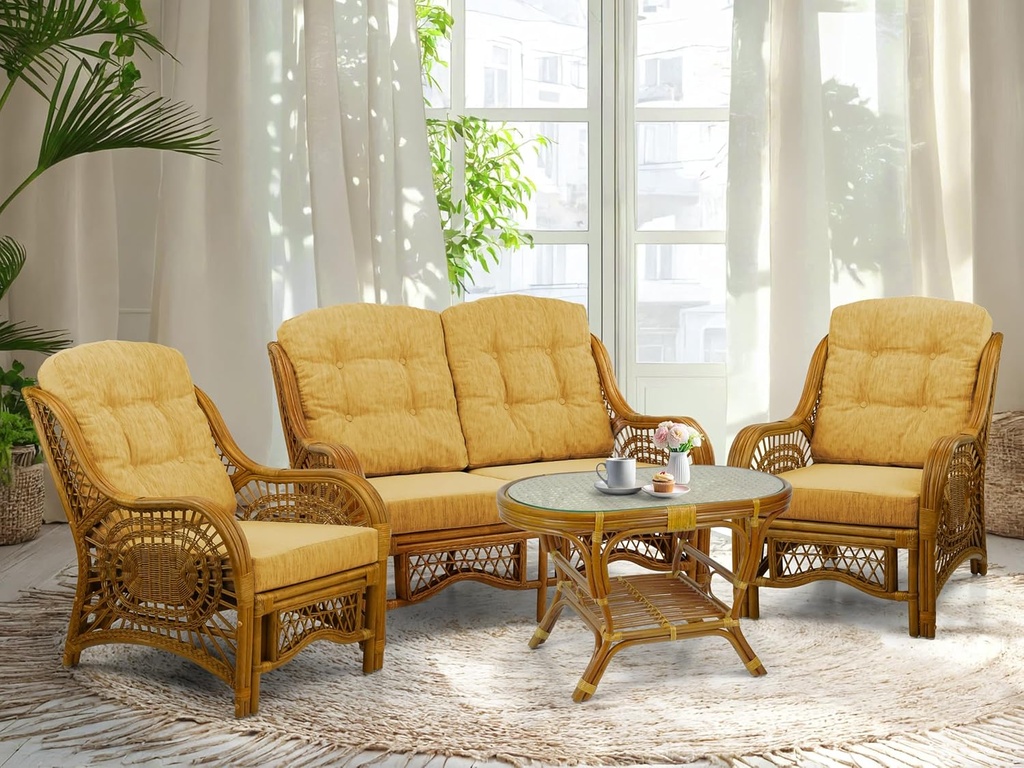 Malibu Lounge Set of 4: 2 Natural Rattan Wicker Chairs, Loveseat with Light Brown Cushions and Coffee Table w/Glass Handmade, Colonial