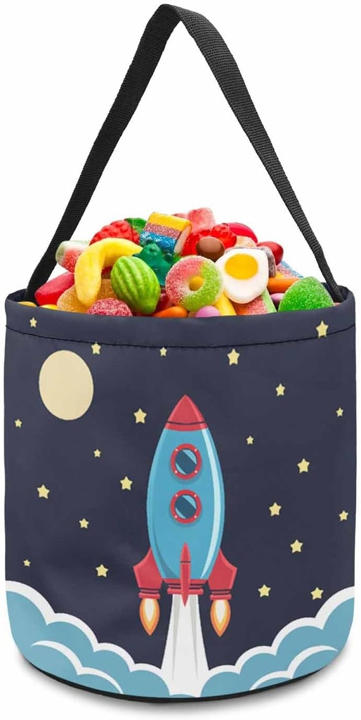 1 Piece Halloween Trick or Treat Candy Bags,Outer Exploration Rocket Spaceship Reusable Goody Bucket Candy Tote Bag for Holiday Gift