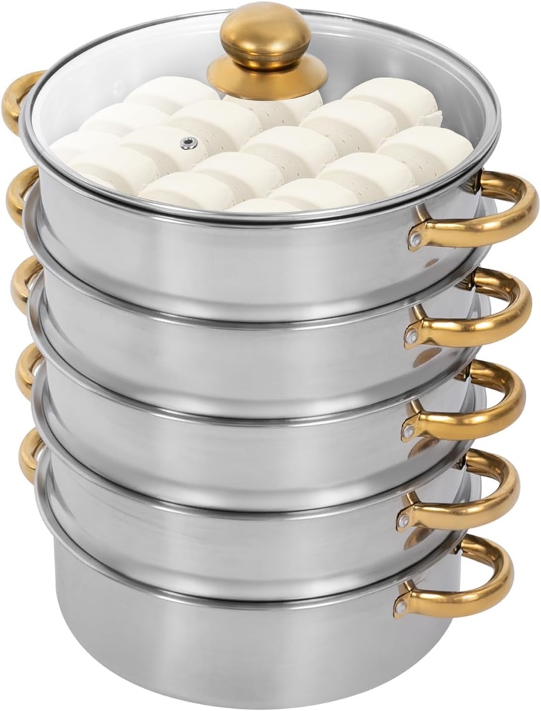 5-Tier Steamer Pot for Cooking, D11.8in Stainless Steel Steaming Cookware with Strainer Basket Handles & Glass Lid, Food Steamer for Dumpling Vegetable Seafood, W11.8*H18.5in