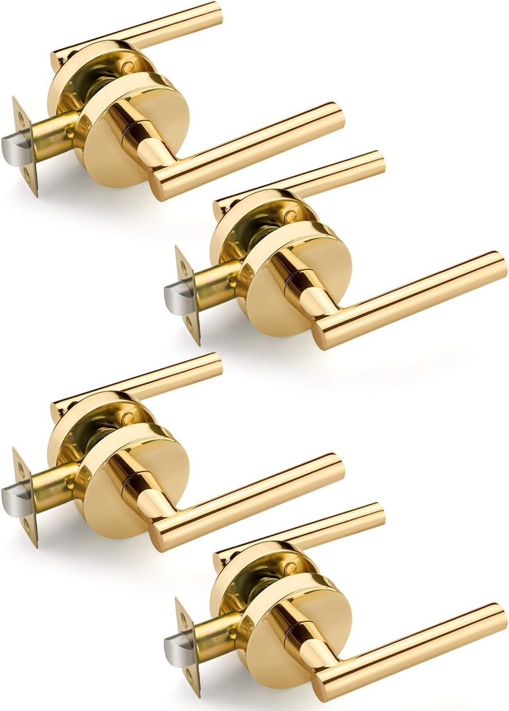 Polished Brass Door Knobs 4 Pack, Interior Door Handle, Passage Door Knob No Lock, Closet Door Knobs Without Key, Gold Door Lever for Hallway, Universal for Left/Right Sided Doors