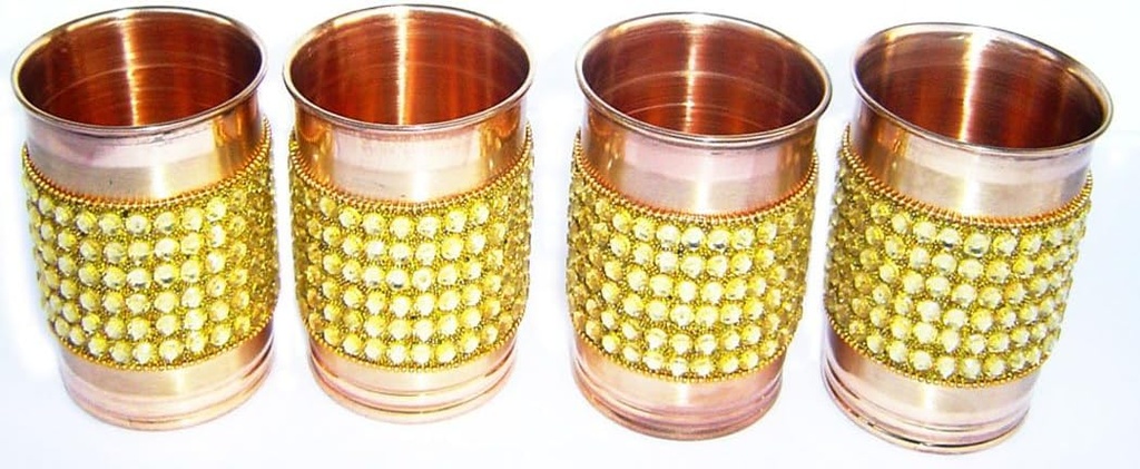 Rastogi Handicrafts Pure Copper Golden Crystal Studded Glass Set