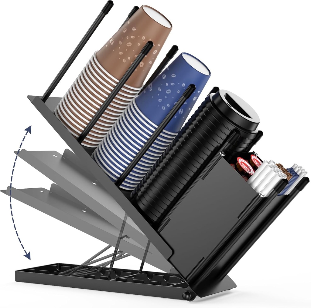 Adjustable Coffee Cup Holder Organizer，Cup and Lid Holder with Storage Basket for Pods and Straws - Perfect for Office, Coffee Stations, and Disposable Cups，Plastic Cups