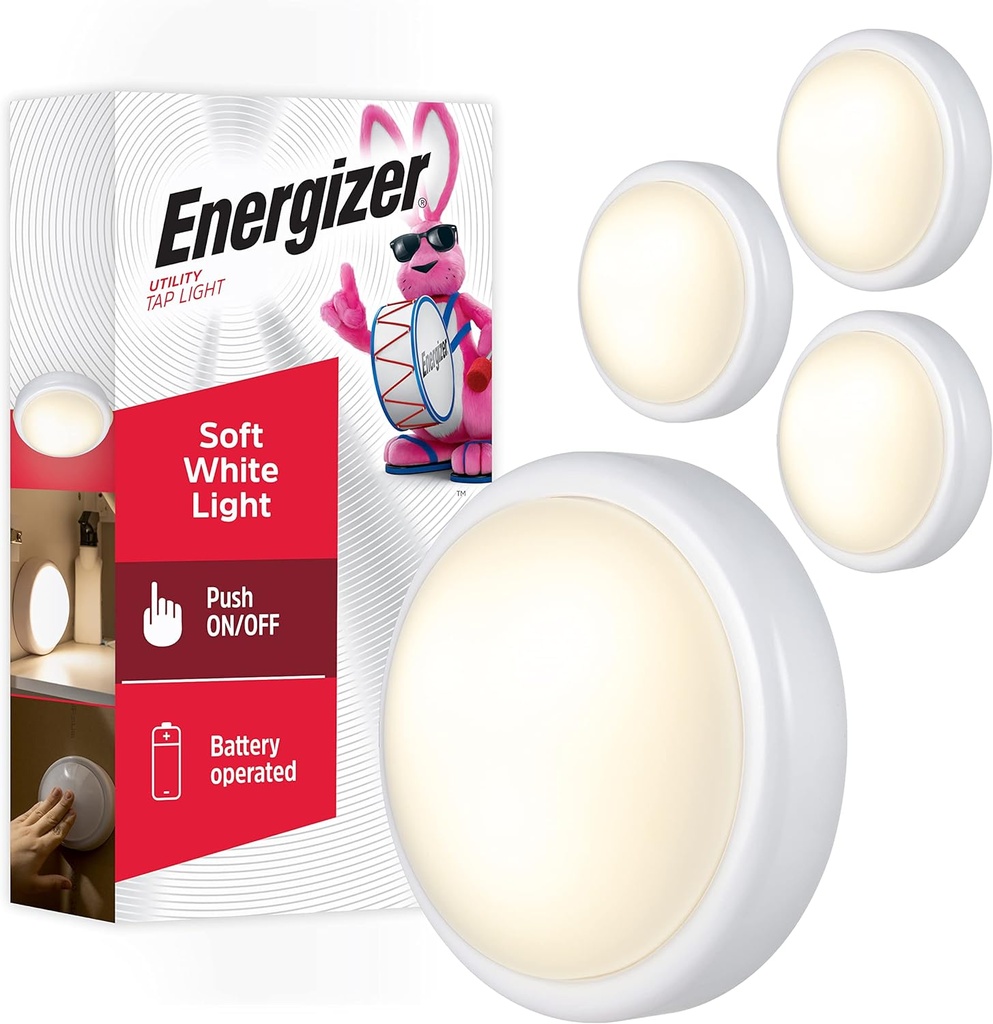 Energizer LED Tap, 4 Pack, Push, Battery Operated, Touch, Stick On Lights, Wireless, Puck, Under Cabinet Lighting, Perfect for Closets, Kitchen and More, 48958-P1
