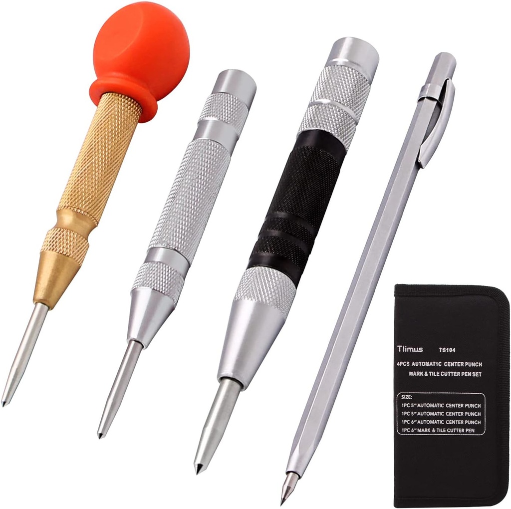4 Pack 5 Inch and 6 Inch Automatic Center Punch Set, Adjustable Spring Loaded Center Punch and Metal Engraving Pen for Metal Wood Working with Tool Storage Bag