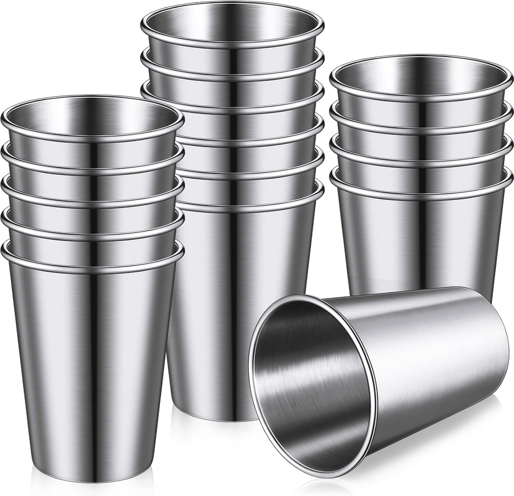 Baderke 16 Pack Stainless Steel Cups for Kids and Adult Pint Tumbler Metal Cups Stackable Tumbler Shatterproof Metal Drinking Glasses for Travel Outdoor Camping (12 Oz/ 350 ml)