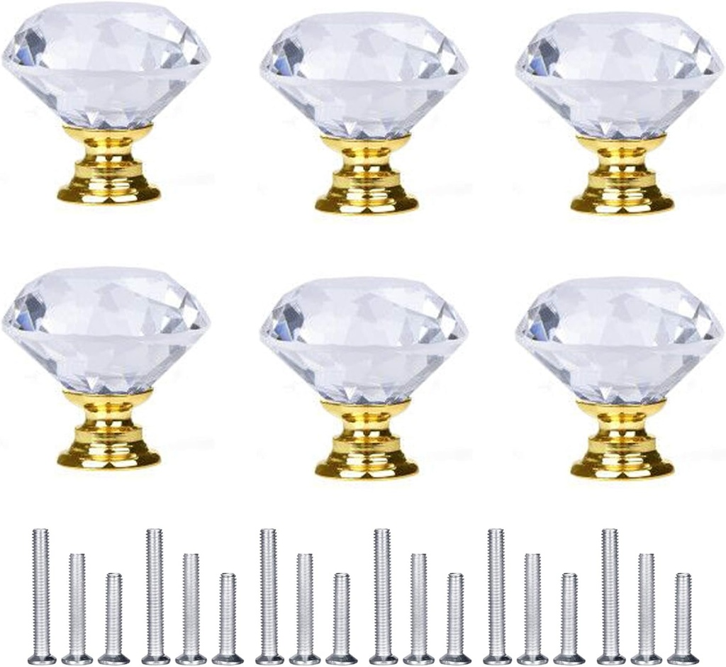 D-BUY 6 Pack Drawer Pulls and Knobs - Crystal Dresser Handles with Screws (30 mm, Gold)