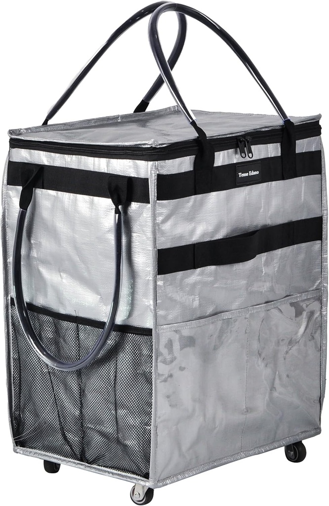 Reusable Grocery Bag On Wheels Large Capacity Shopping Trolley Foldable Rolling Tote with Outside Pocket, Heavy Duty Handle (Silver, Large)