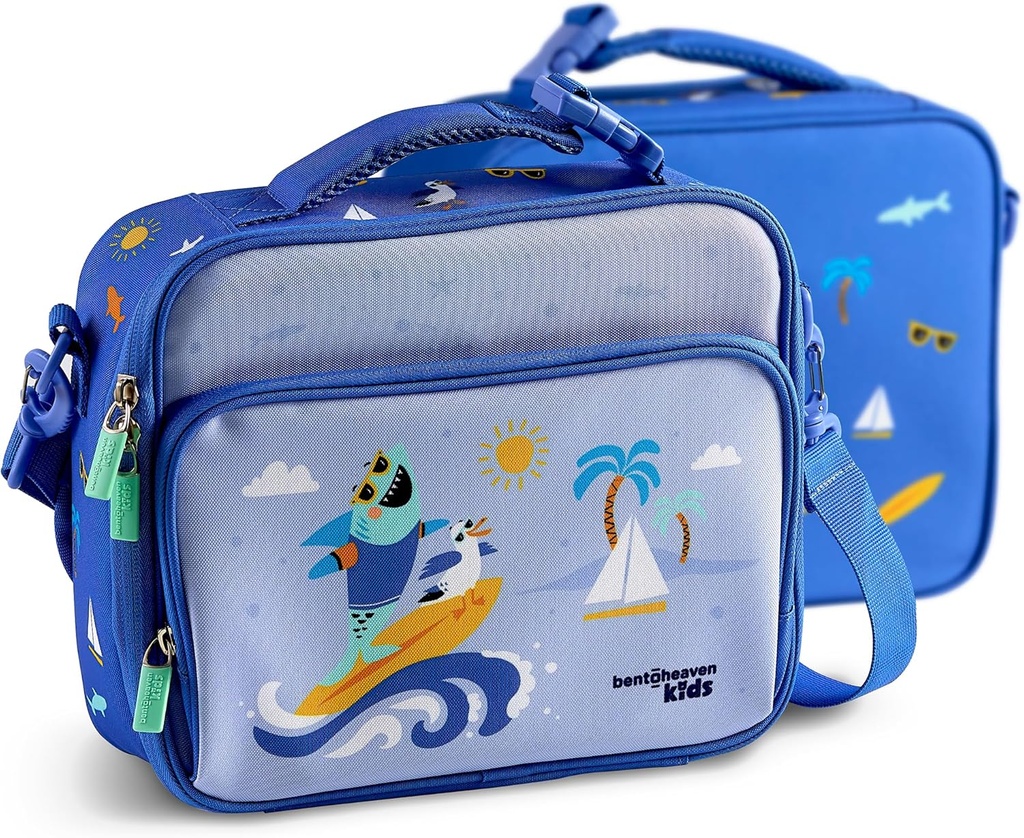 Bentoheaven Insulated Lunch Bag for Kids, Girls & Boys - Large Size Fits Bento Lunch Box, Water Bottle & Snacks - Durable, Easy to Clean, Leakproof - Adjustable Shoulder Strap, Zipper Pockets (Blue)