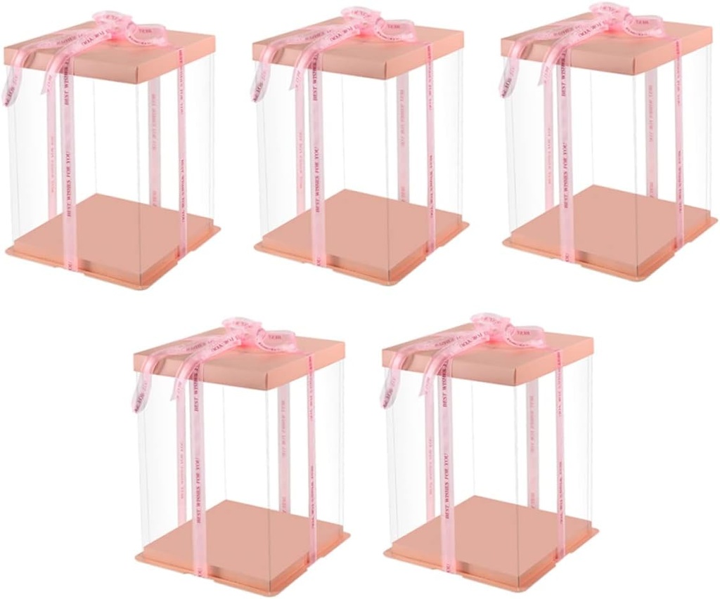 GANAZONO 5Pcs Transparent Cake Box Double Layer Cake Carrier for Cakes Material with Ribbon Design for and Elegant Presentation