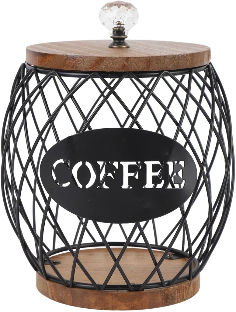 Omabeta Coffee Capsule Holder, Coffee Pod Storage Basket Farmhouse Decor with Weighted Wooden Base for Home, Office (Black)