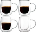 Wlasss Espresso Cups, 7.4oz/210ml Double Walled Glass Coffee Mugs Set of 4, Clear Hand Blown Insulated Glass Coffee Cups with Handle for Espresso, Cappuccino, Latte, Americano, Coffee Lovers Gift