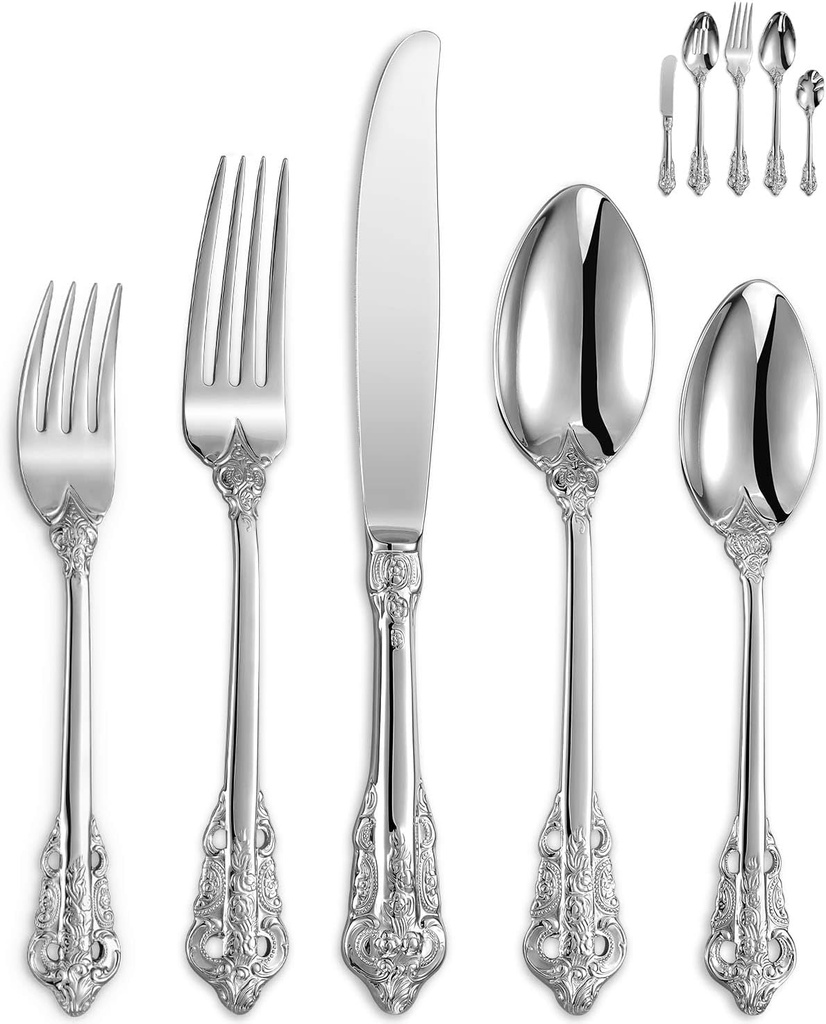 KEAWELL Luxury 45-Piece Silverware Set, 18/10 Stainless Steel, Service for 8, Mirror Finish, Antique Baroque Design, Dishwasher Safe (Silver)
